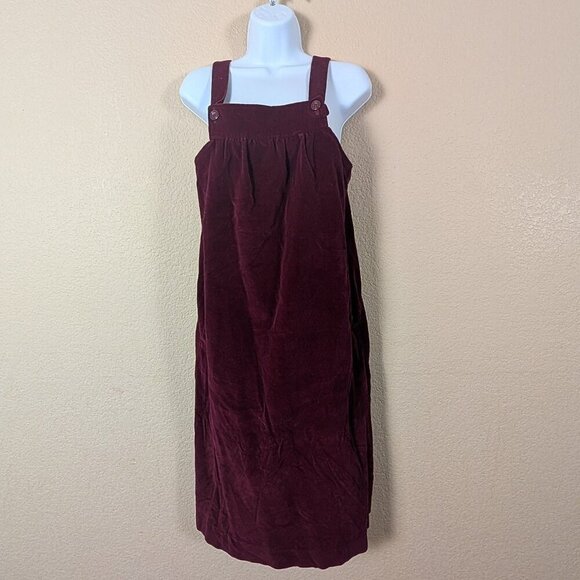 Vtg 70s Velvet Jumper Midi Dress Wine Red Midi Pockets M Overall Pleated - Picture 1 of 7